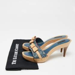 Louis Vuitton Blue/Beige Monogram Canvas and Leather Bow Grenadine Platform Slide Sandals Size 40.5