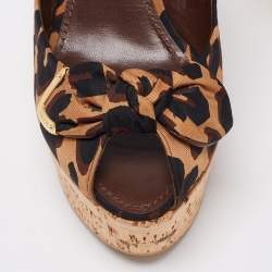 Pre Owned Louis Vuitton Tri-Color Leopard Print Canvas Bow Platform Wedge Slingback Sandals Size 40