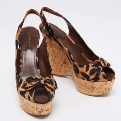 Pre Owned Louis Vuitton Tri-Color Leopard Print Canvas Bow Platform Wedge Slingback Sandals Size 40