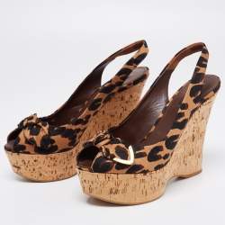 Pre Owned Louis Vuitton Tri-Color Leopard Print Canvas Bow Platform Wedge Slingback Sandals Size 40