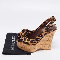 Pre Owned Louis Vuitton Tri-Color Leopard Print Canvas Bow Platform Wedge Slingback Sandals Size 40