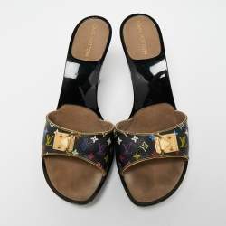 Pre Owned Louis Vuitton Black Multicolore Monogram Coated Canvas Platform Slide Sandals Size 40.5