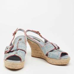 Louis Vuitton Light Blue Monogram Denim Espadrille Slingback Wedge Sandals Size 40