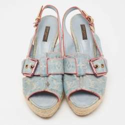 Louis Vuitton Light Blue Monogram Denim Espadrille Slingback Wedge Sandals Size 40