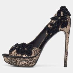 Pre Owned Louis Vuitton Black/Beige Lace And Satin Embellished Open Toe D'orsay Pumps Size 36.5