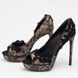 Pre Owned Louis Vuitton Black/Beige Lace And Satin Embellished Open Toe D'orsay Pumps Size 36.5