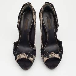 Pre Owned Louis Vuitton Black/Beige Lace And Satin Embellished Open Toe D'orsay Pumps Size 36.5