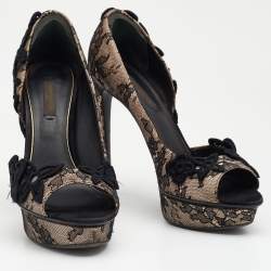 Pre Owned Louis Vuitton Black/Beige Lace And Satin Embellished Open Toe D'orsay Pumps Size 36.5