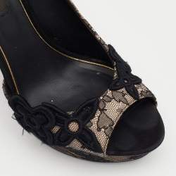 Pre Owned Louis Vuitton Black/Beige Lace And Satin Embellished Open Toe D'orsay Pumps Size 36.5