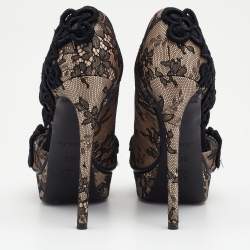 Pre Owned Louis Vuitton Black/Beige Lace And Satin Embellished Open Toe D'orsay Pumps Size 36.5