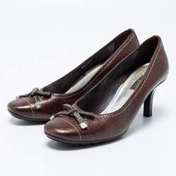 Pre Owned Louis Vuitton Dark Brown Leather Bow Round-Toe Pumps Size 37 