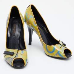 Pre Owned Louis Vuitton Yellow Monogram Coated Denim Richard Prince Flash Pulp Peep-Toe Pumps Size 36