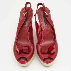 Pre Owned Louis Vuitton Red Leather Gossip Cube Embellished Espadrille Wedge Peep Toe Slingback Sandals Size 37