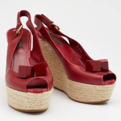 Pre Owned Louis Vuitton Red Leather Gossip Cube Embellished Espadrille Wedge Peep Toe Slingback Sandals Size 37