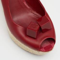 Pre Owned Louis Vuitton Red Leather Gossip Cube Embellished Espadrille Wedge Peep Toe Slingback Sandals Size 37