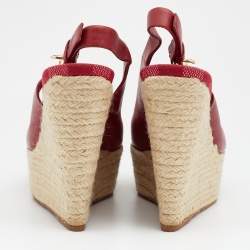 Pre Owned Louis Vuitton Red Leather Gossip Cube Embellished Espadrille Wedge Peep Toe Slingback Sandals Size 37
