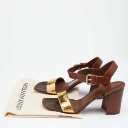 Pre Owned Louis Vuitton Gold/Brown Monogram Canvas and Leather Golden Bloom Sandals Size 40