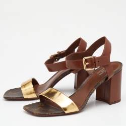 Pre Owned Louis Vuitton Gold/Brown Monogram Canvas and Leather Golden Bloom Sandals Size 40