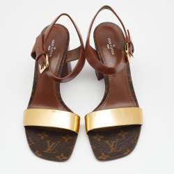Pre Owned Louis Vuitton Gold/Brown Monogram Canvas and Leather Golden Bloom Sandals Size 40
