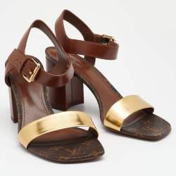 Pre Owned Louis Vuitton Gold/Brown Monogram Canvas and Leather Golden Bloom Sandals Size 40