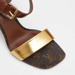 Pre Owned Louis Vuitton Gold/Brown Monogram Canvas and Leather Golden Bloom Sandals Size 40