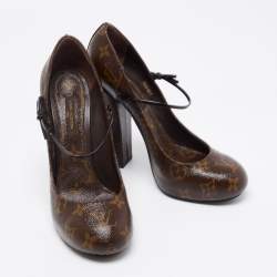 Pre Owned Louis Vuitton Dark Brown Monogram Canvas Mary Jane Pumps Size 38