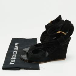 Pre Owned Louis Vuitton Black Suede Crisscross Ankle Wrap Wedge Sandals Size 39