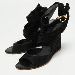 Pre Owned Louis Vuitton Black Suede Crisscross Ankle Wrap Wedge Sandals Size 39