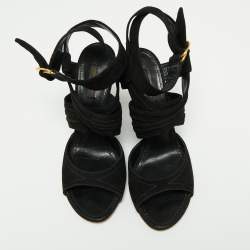 Pre Owned Louis Vuitton Black Suede Crisscross Ankle Wrap Wedge Sandals Size 39