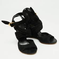 Pre Owned Louis Vuitton Black Suede Crisscross Ankle Wrap Wedge Sandals Size 39