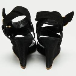 Pre Owned Louis Vuitton Black Suede Crisscross Ankle Wrap Wedge Sandals Size 39