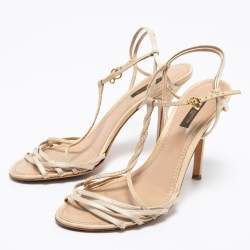 Pre Owned صندل لوي فيتون ساتان وجلد كريمي بحزام للكاحل مقاس 38