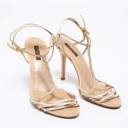 Pre Owned صندل لوي فيتون ساتان وجلد كريمي بحزام للكاحل مقاس 38