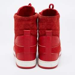 Louis Vuitton Red Leather And Embossed Monogram Suede Millenium Wedge Sneakers Size 39.5