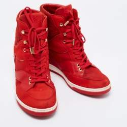 Louis Vuitton Red Leather And Embossed Monogram Suede Millenium Wedge Sneakers Size 39.5