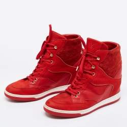 Louis Vuitton Red Leather And Embossed Monogram Suede Millenium Wedge Sneakers Size 39.5