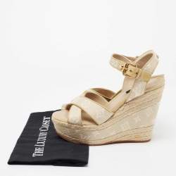 Louis Vuitton Beige Monogram Canvas Formentera Espadrille Wedge Platform Ankle Strap Sandals Size 37.5