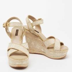 Louis Vuitton Beige Monogram Canvas Formentera Espadrille Wedge Platform Ankle Strap Sandals Size 37.5