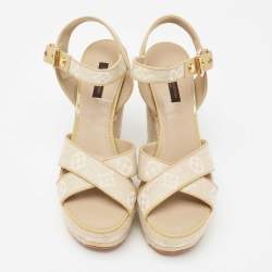 Louis Vuitton Beige Monogram Canvas Formentera Espadrille Wedge Platform Ankle Strap Sandals Size 37.5