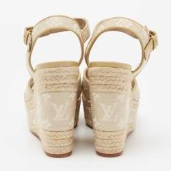 Louis Vuitton Beige Monogram Canvas Formentera Espadrille Wedge Platform Ankle Strap Sandals Size 37.5
