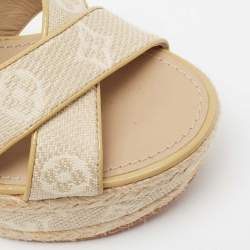 Louis Vuitton Beige Monogram Canvas Formentera Espadrille Wedge Platform Ankle Strap Sandals Size 37.5