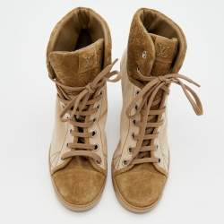 Louis Vuitton Beige/Olive Green Canvas And Monogram Embossed Suede Wedge Sneakers Size 39.5
