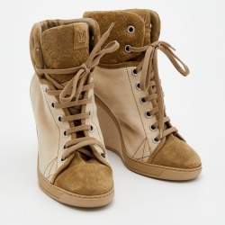Louis Vuitton Beige/Olive Green Canvas And Monogram Embossed Suede Wedge Sneakers Size 39.5