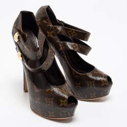 Pre Owned Louis Vuitton Brown Monogram Canvas Ritual Fetish Peep Toe Platform Pumps Size 38 