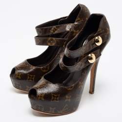 Pre Owned Louis Vuitton Brown Monogram Canvas Ritual Fetish Peep Toe Platform Pumps Size 38 
