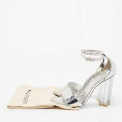 Louis Vuitton Silver Leather Block Heel Ankle Strap Sandals Size 38.5
