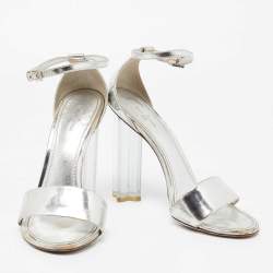 Louis Vuitton Silver Leather Block Heel Ankle Strap Sandals Size 38.5