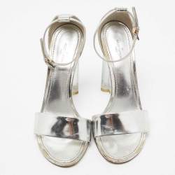 Louis Vuitton Silver Leather Block Heel Ankle Strap Sandals Size 38.5