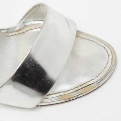 Louis Vuitton Silver Leather Block Heel Ankle Strap Sandals Size 38.5
