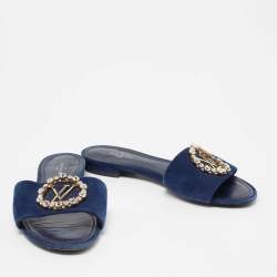 Pre Owned Louis Vuitton Blue Suede Madeleine Flat Slide Sandals Size 36
